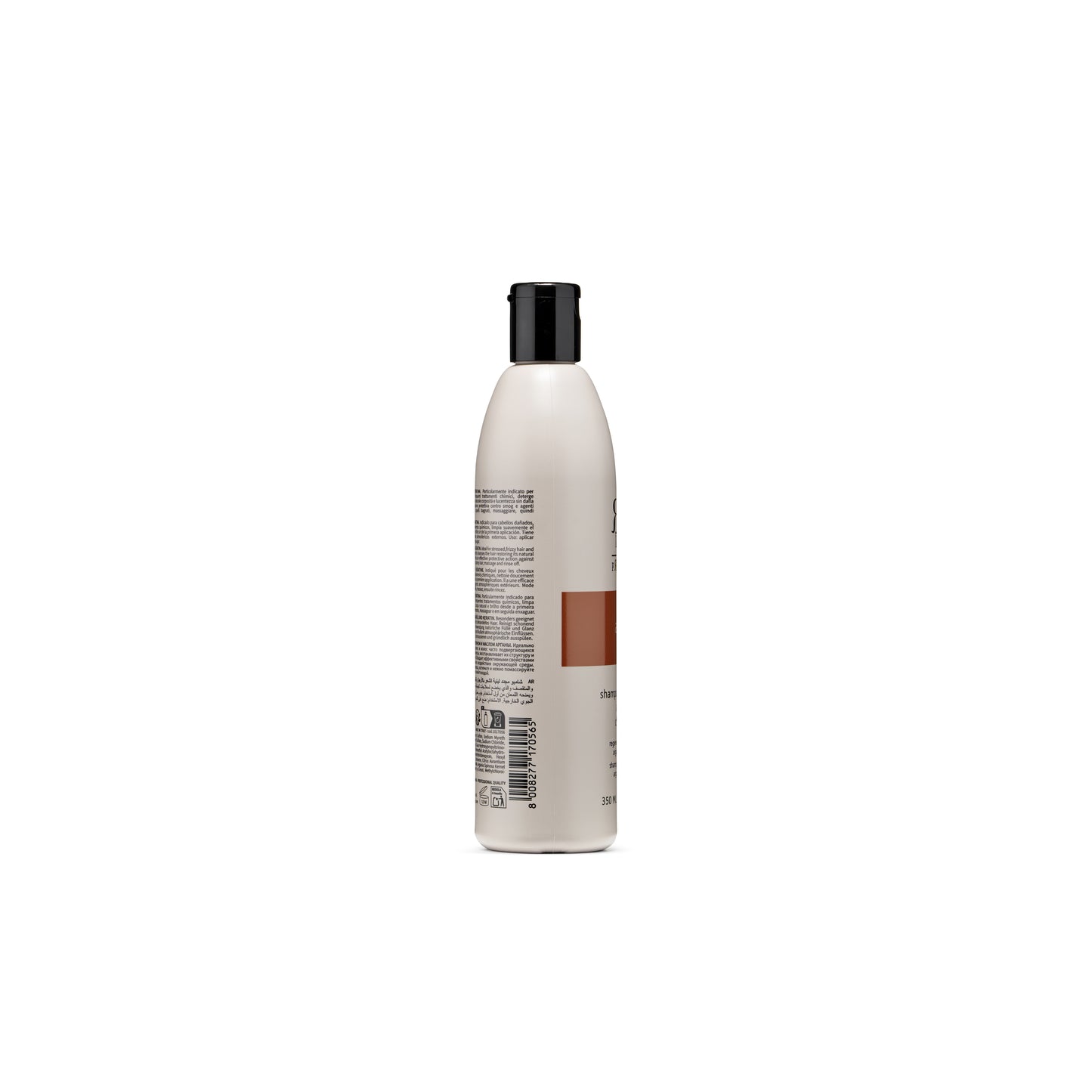 White 350ml shampoo bottle with black cap, multilingual label, for damaged hair care