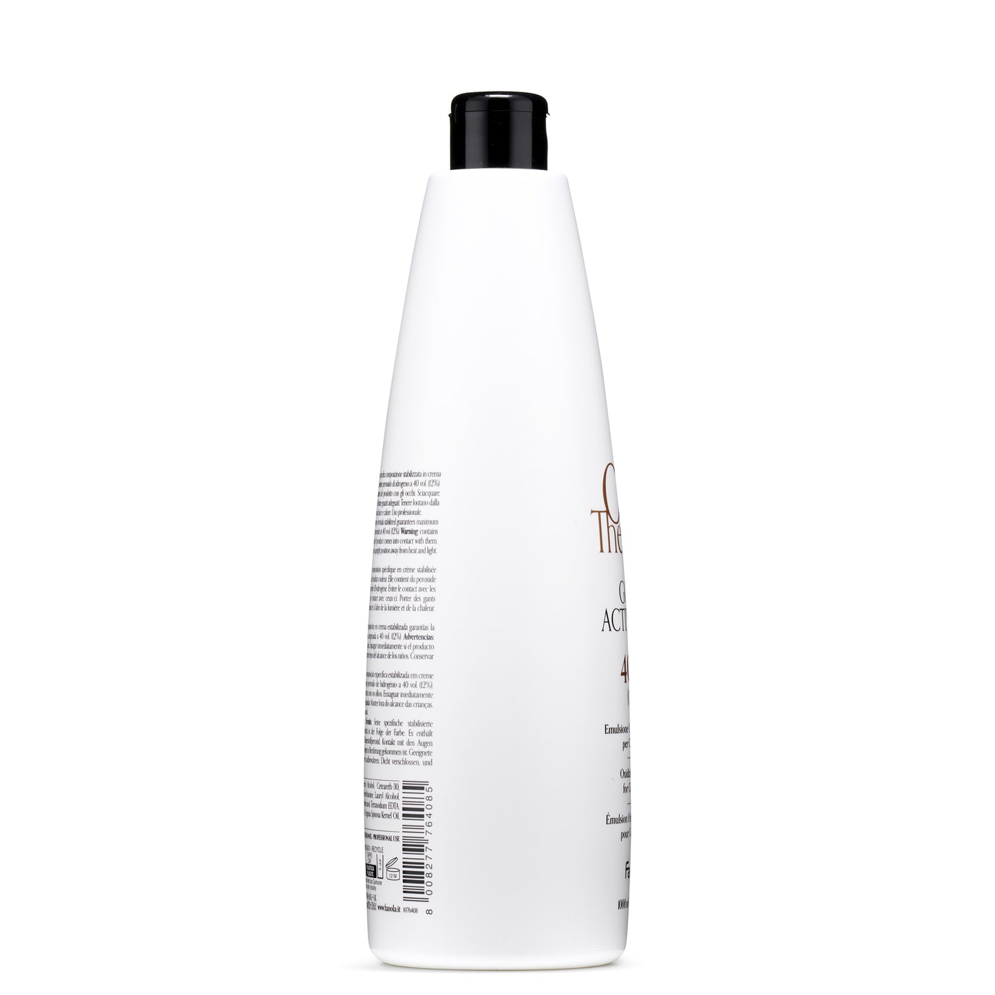 White bottle of hair color emulsion with black cap, professional use, 40 vol oxidant for salon coloring