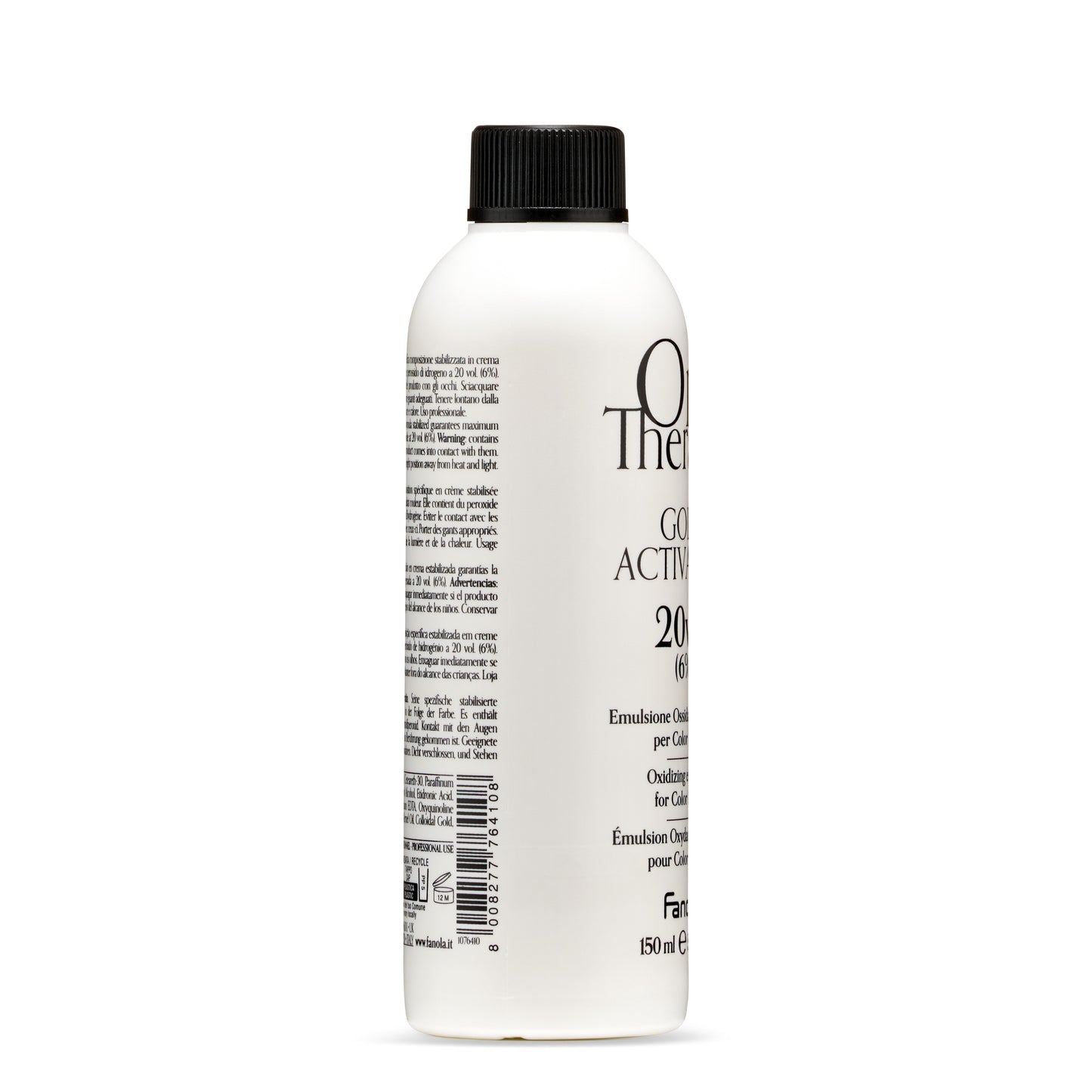 White bottle of 20 volume hair developer with black cap, professional hair color oxidizing emulsion