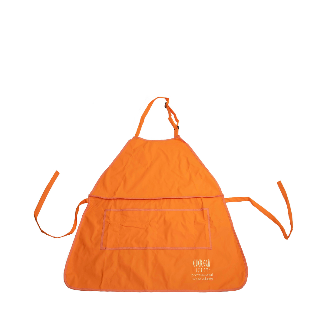 Bright orange salon apron with front pocket, labeled 'Everego Italy professional hair products' for stylists.