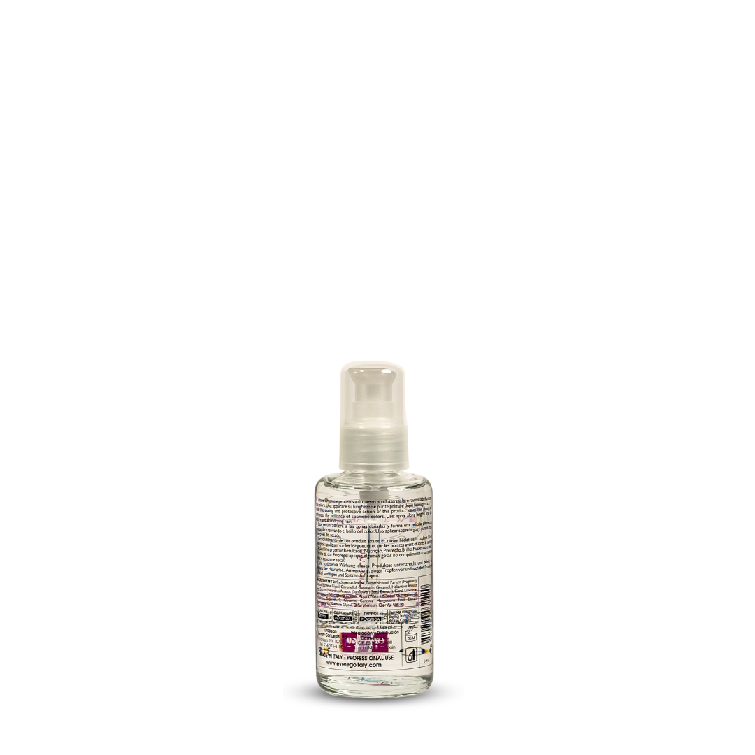 Clear spray bottle with multilingual label, professional hair care product for color protection