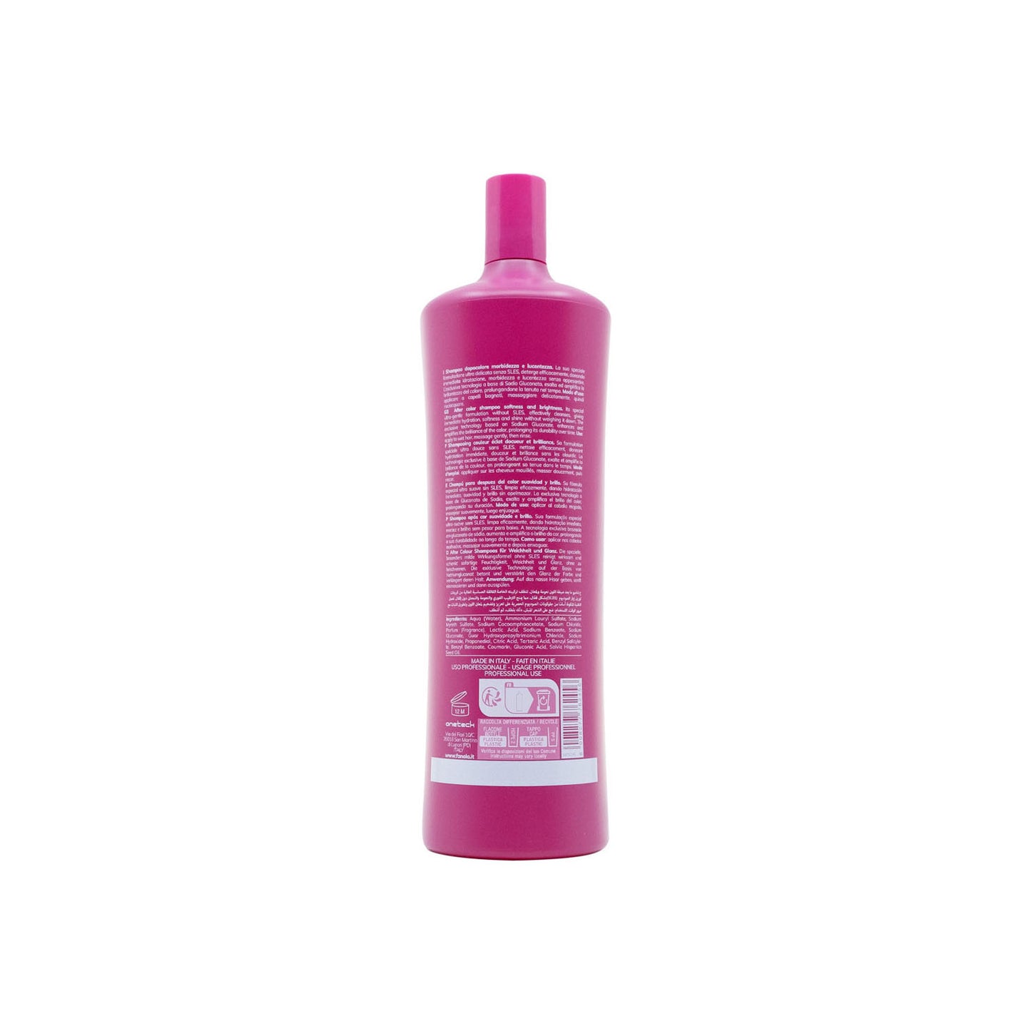 Pink bottle of sulfate-free after-color shampoo for softness and shine, made in Italy