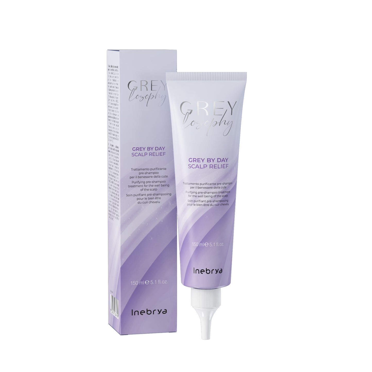 Grey by Day Scalp Relief purifying pre-shampoo treatment for scalp wellness, 150ml tube and box