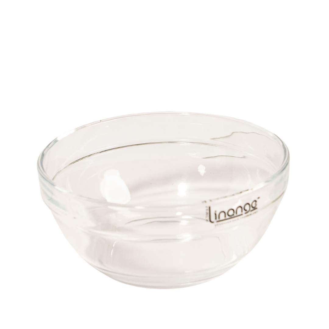 Clear glass mixing bowl with Linange branding, ideal for beauty treatments and skincare applications