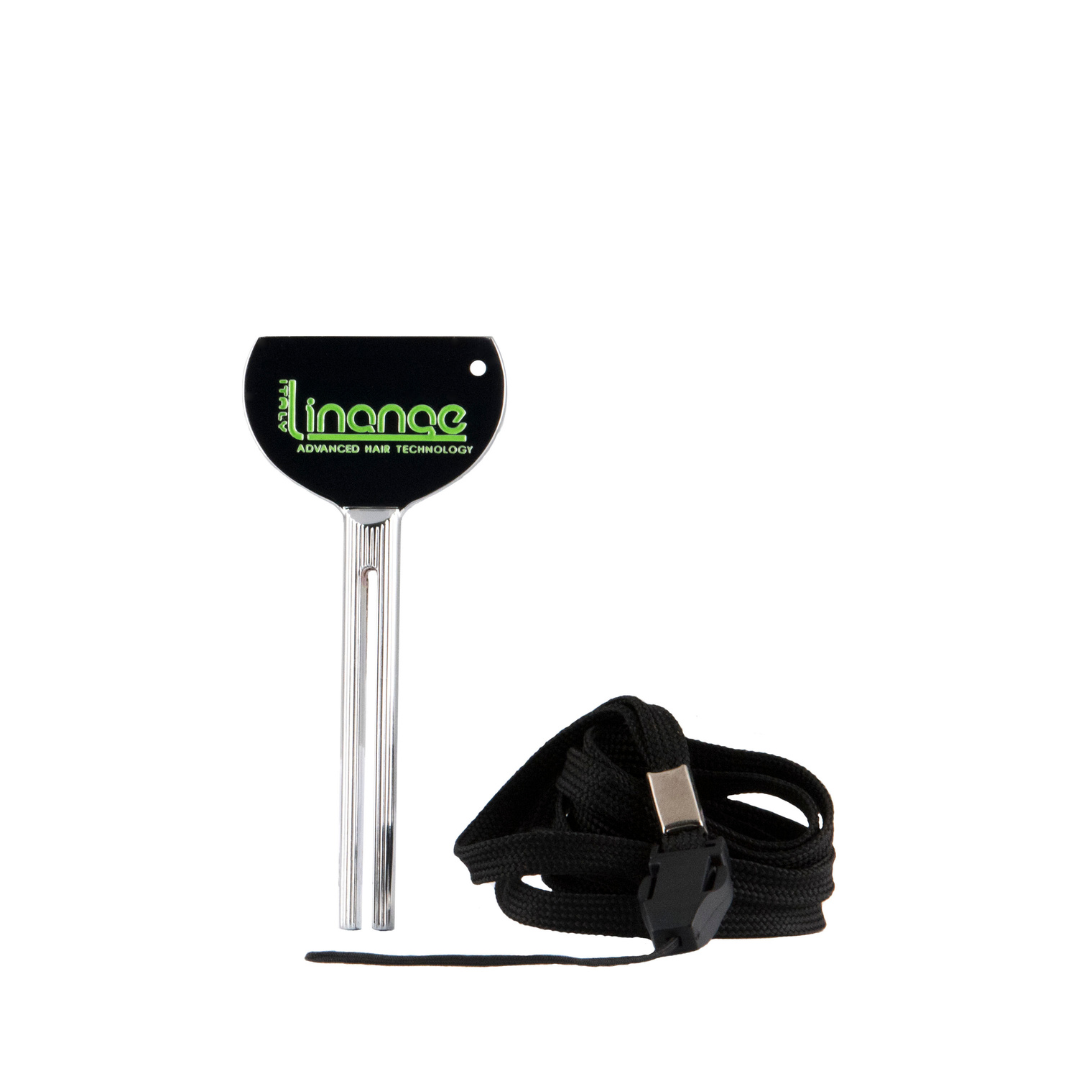 Linage Advanced Hair Technology tool with black lanyard, sleek metal design for professional hair care