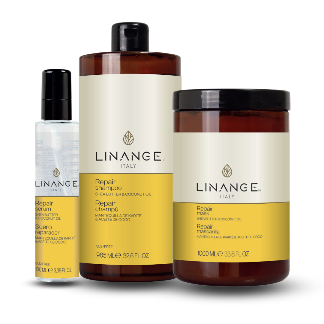 Linange Italy repair hair care set with shea butter & coconut oil: serum, shampoo, mask