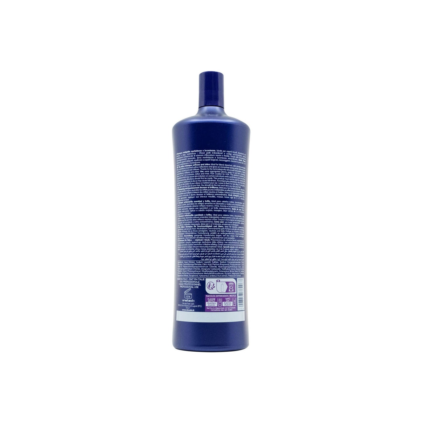 Purple bottle of professional hair care product with multilingual label, made in Italy for blond and bleached hair