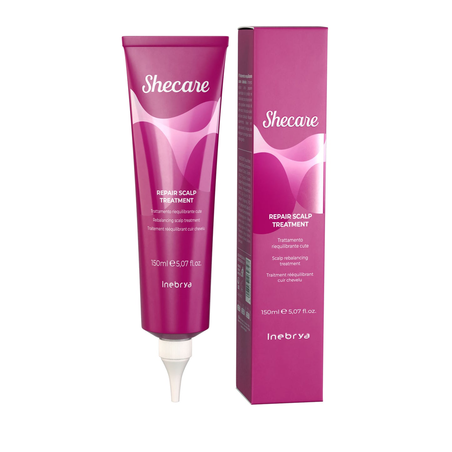 Shecare Repair Scalp Treatment 150ml tube and box, pink packaging for scalp rebalancing care