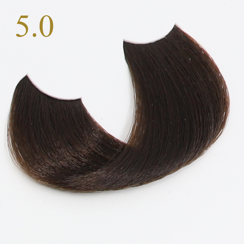 Dark brown hair extension swatch labeled 5.0, smooth texture, beauty product