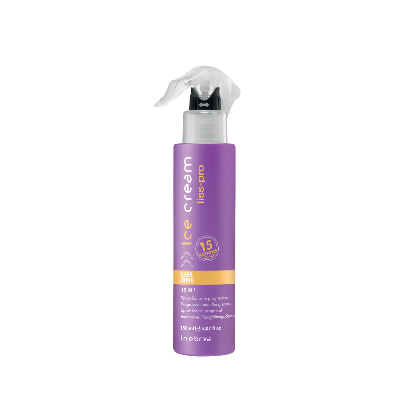 Liss One 15-in-1 progressive smoothing spray by Inebrya, purple bottle with spray nozzle