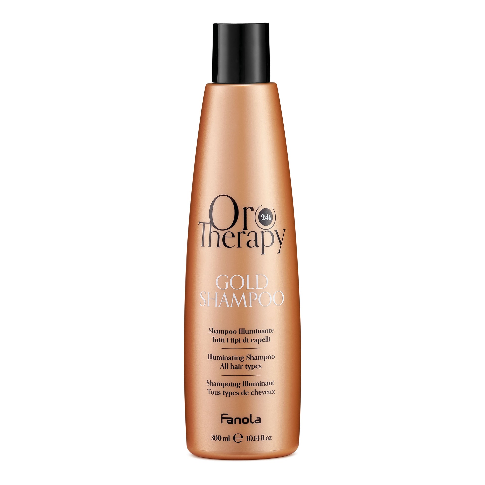 Oro Therapy Gold Shampoo for all hair types, illuminating 24k formula in sleek gold bottle