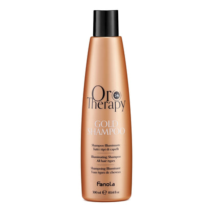 Oro Therapy Gold Shampoo for all hair types, illuminating 24k formula in sleek gold bottle