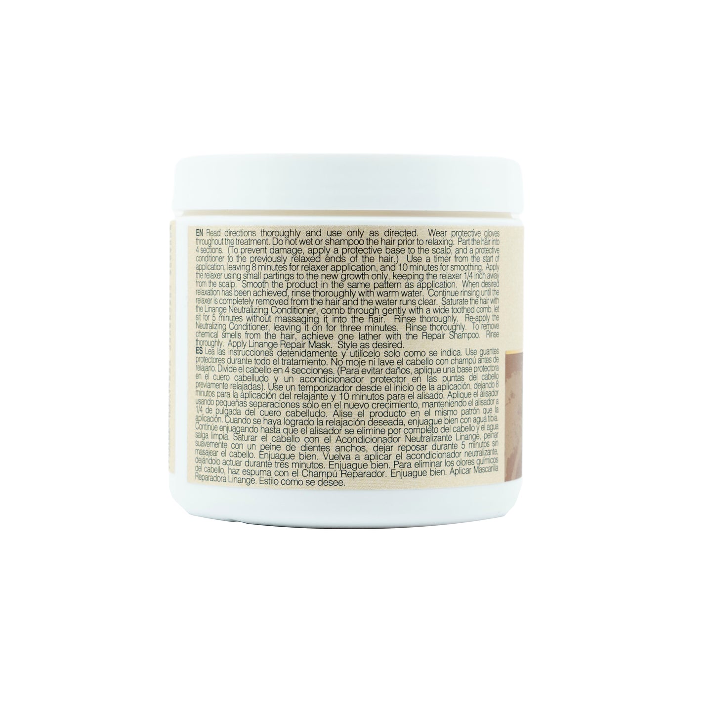 Hair relaxer product label with English and Spanish usage instructions for salon or home hair treatment