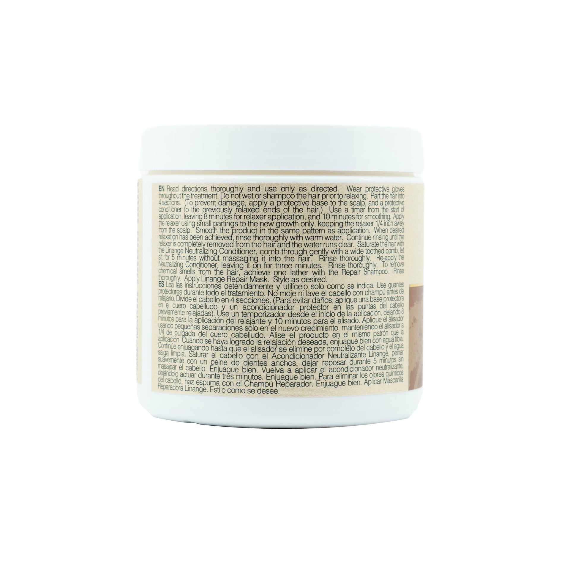 Hair relaxer product label with English and Spanish usage instructions for salon or home hair treatment