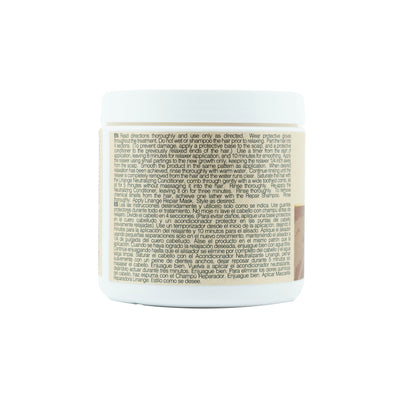 Hair relaxer product label with English and Spanish usage instructions for salon or home hair treatment