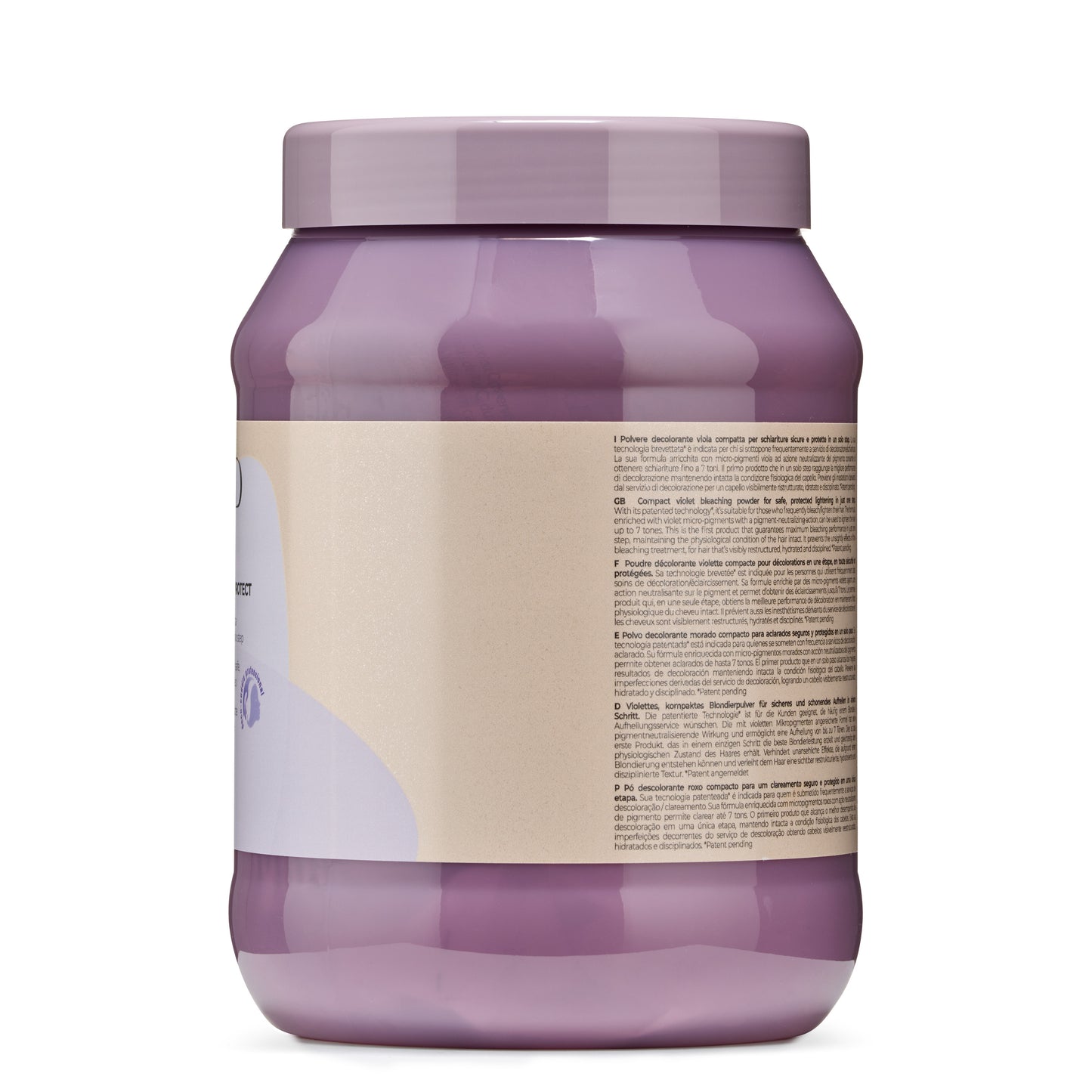 Purple jar of violet bleaching powder for safe hair lightening, featuring multilingual label and patented formula.