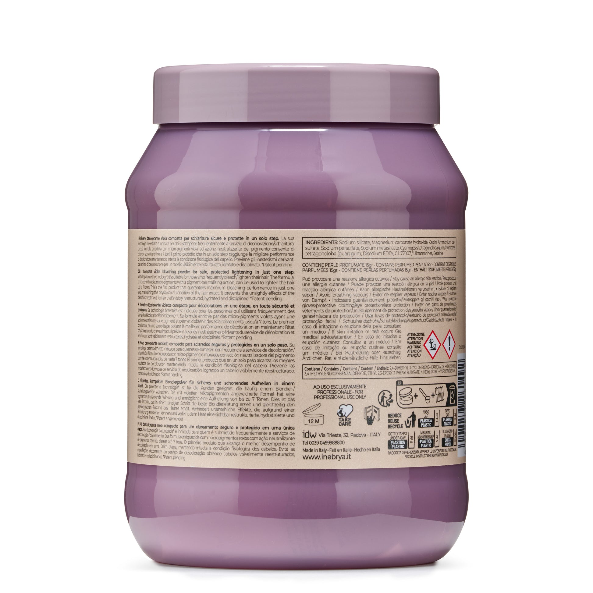 Violet hair bleaching powder in purple jar, professional use only, for safe lightening up to 7 tones