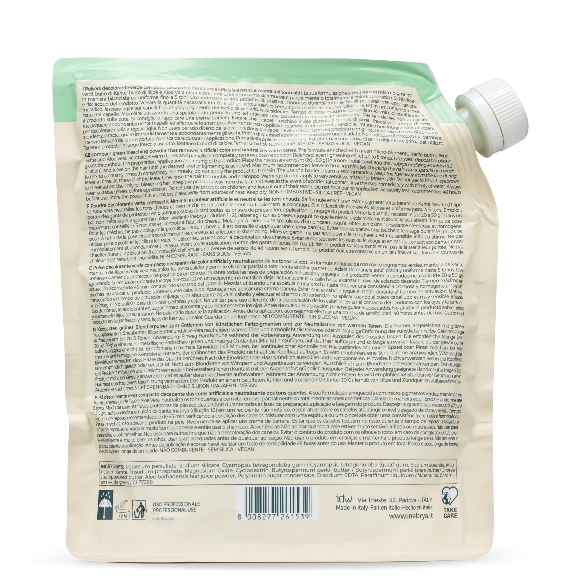 Green hair bleaching powder for removing artificial color and neutralizing warm tones, vegan formula