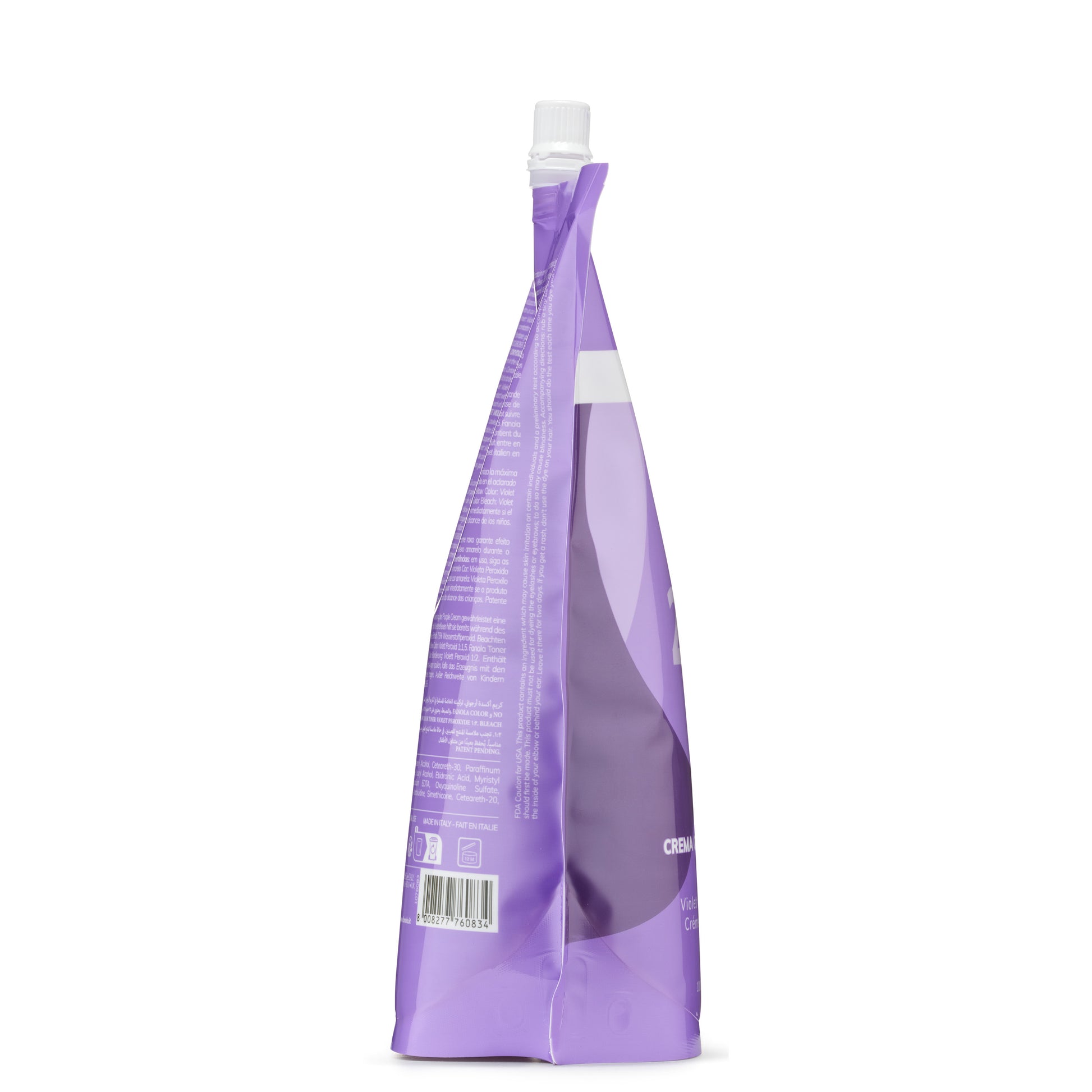 Purple hair toner cream in a squeezable pouch with white cap, labeled Violet Cream for blonde hair care.