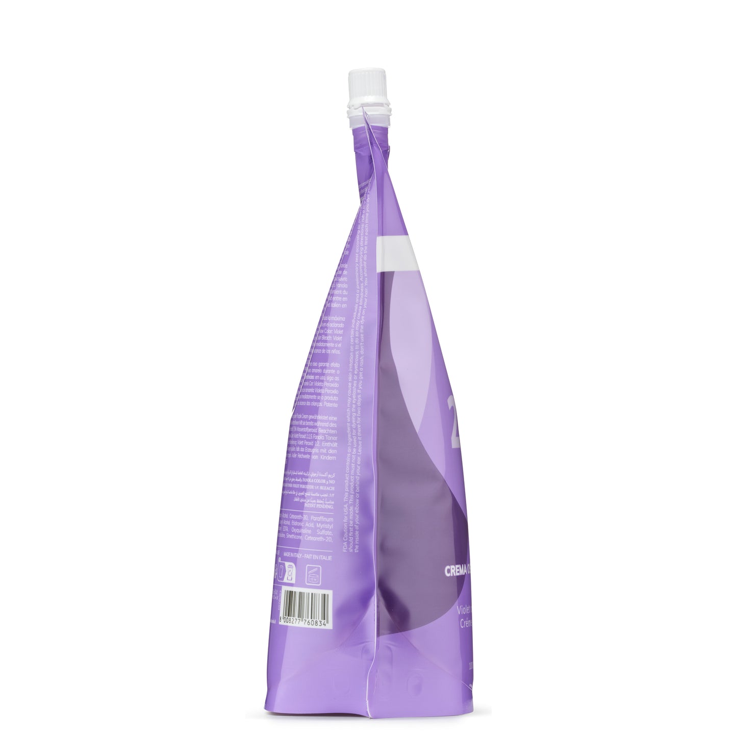 Purple hair dye cream in pouch packaging, Violet color, made in Italy, beauty product for hair coloring