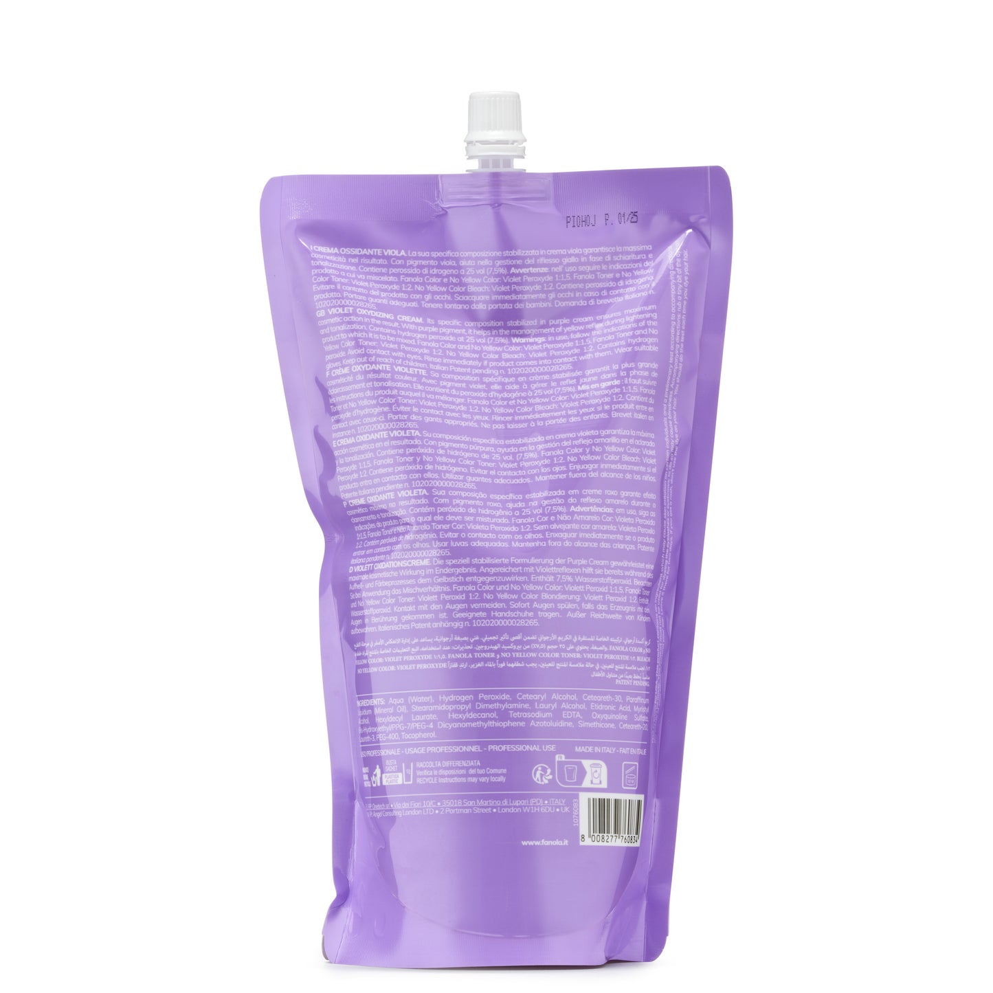 Purple hair dye oxidizing cream pouch for blonde toning, professional use, made in Italy