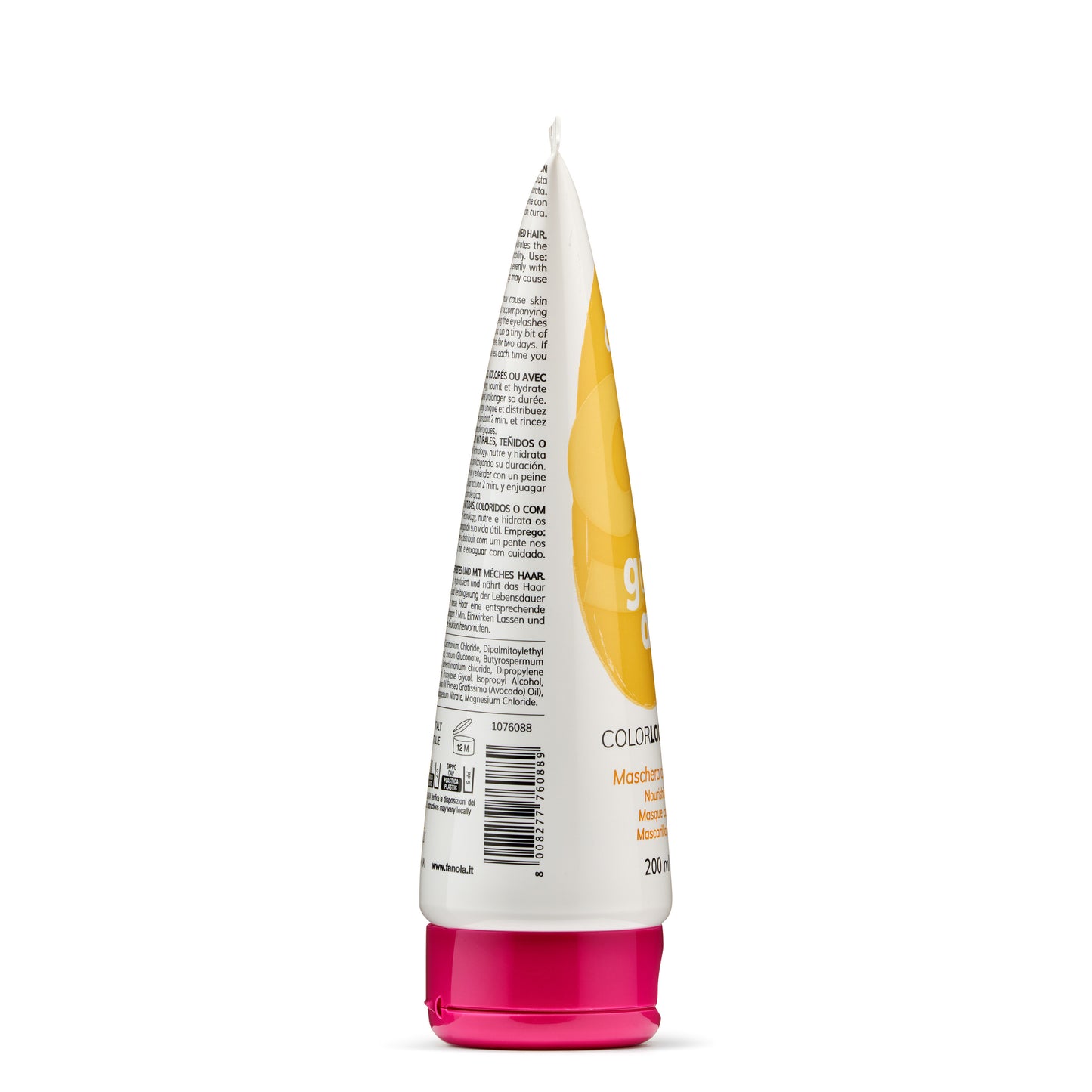 Color Lock nourishing hair mask tube with multilingual instructions, 200ml, pink cap, white and yellow label