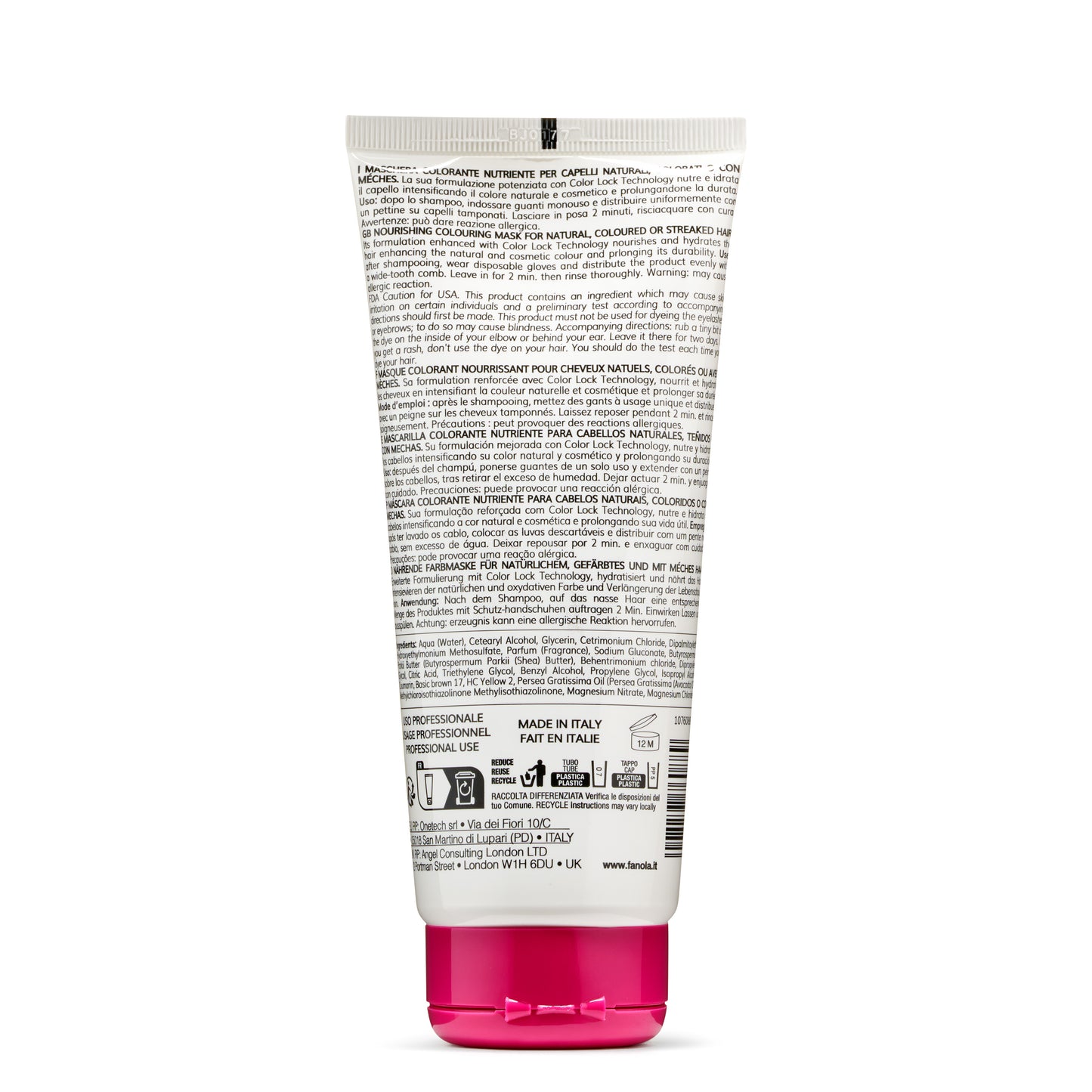 Nourishing hair color mask tube with multilingual instructions, made in Italy, for natural or colored hair care