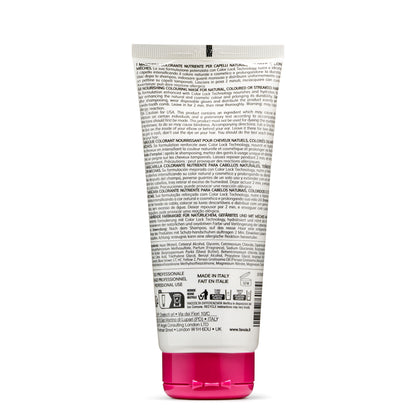 Nourishing hair color mask tube with multilingual instructions, made in Italy, for natural or colored hair care