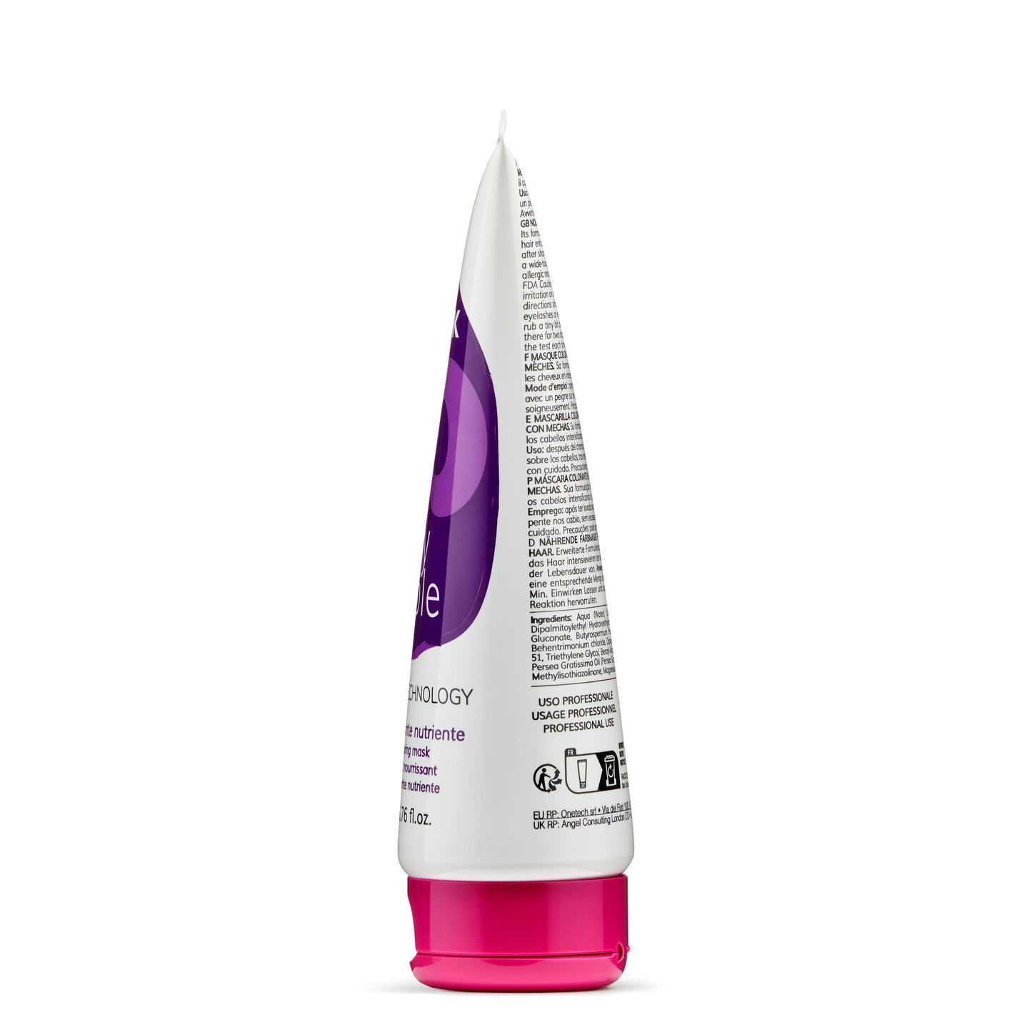 Purple and white hair care tube with pink cap, professional use nourishing mask for beauty routines