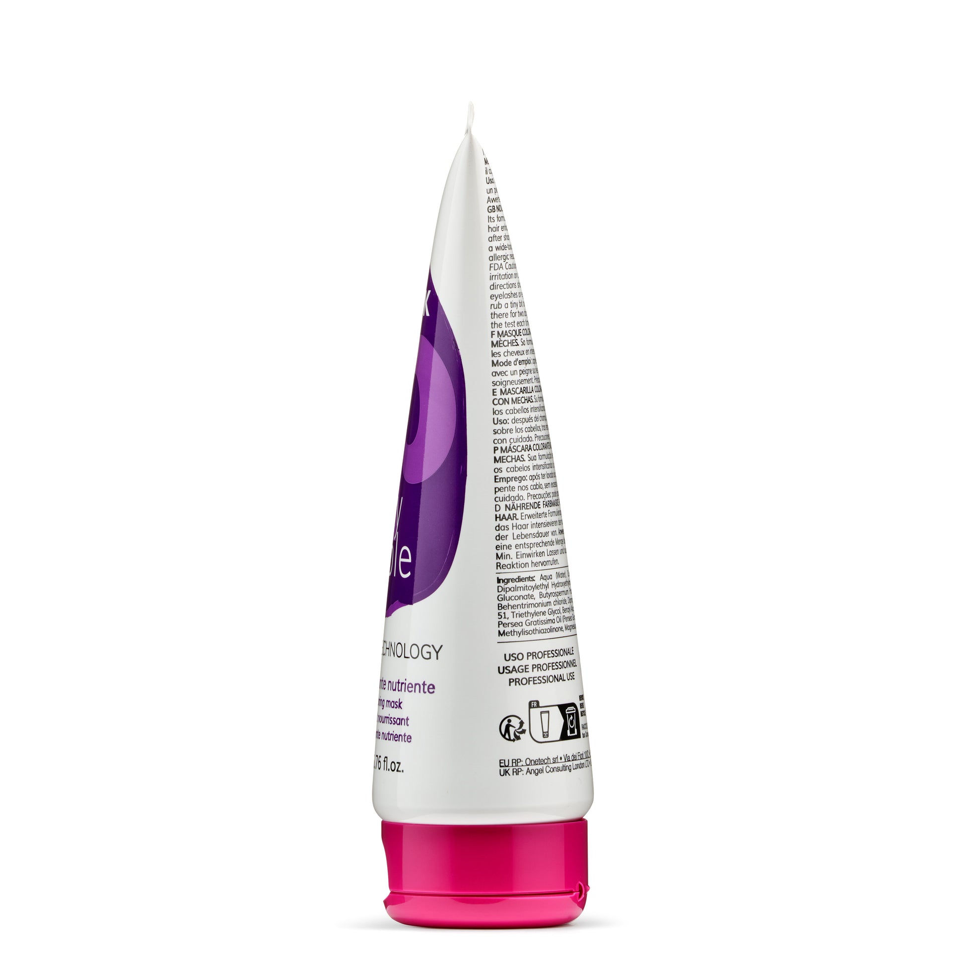 Purple and white hair care tube with pink cap, professional use nourishing mask for beauty routines