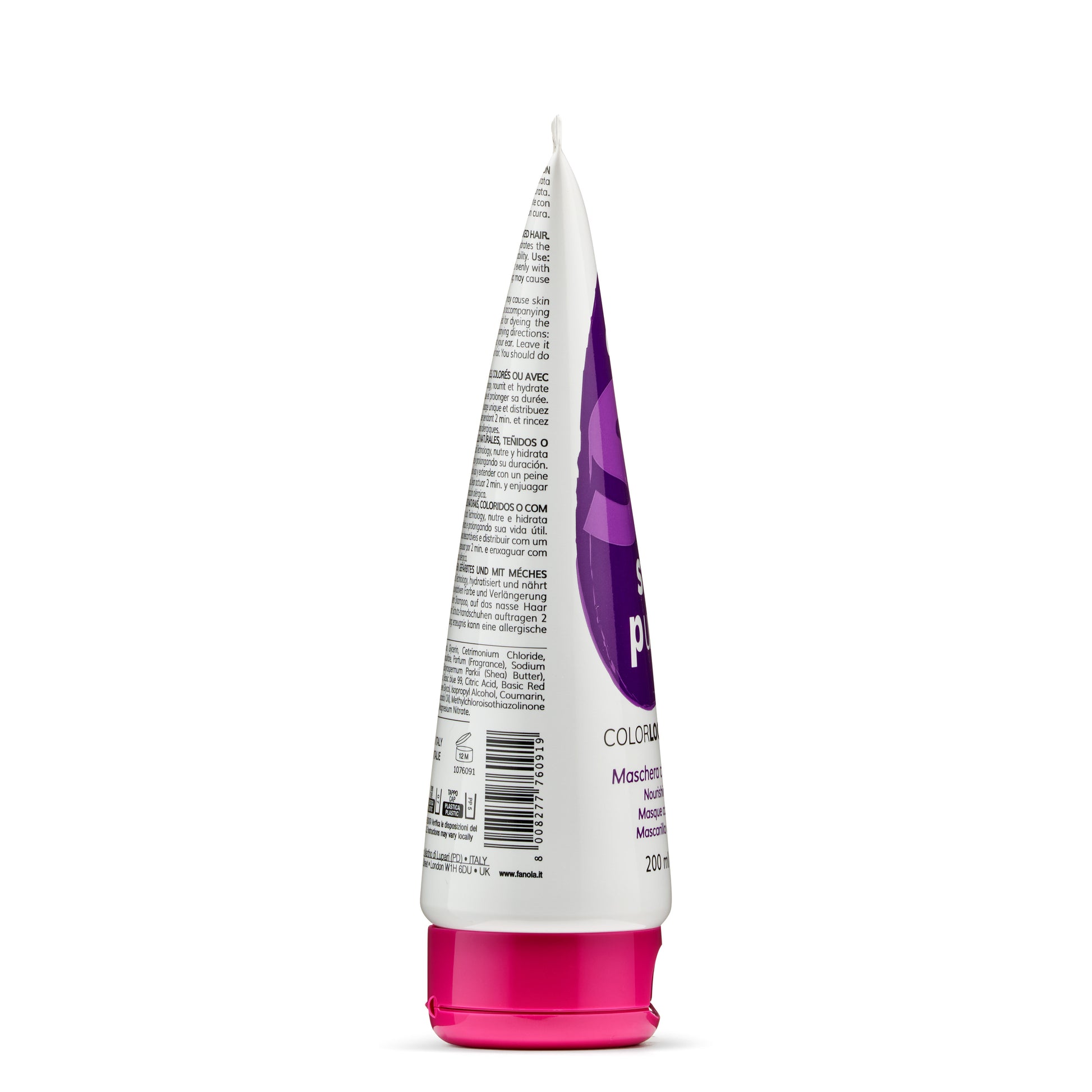 Purple and white tube of Colorlock hair mask with pink cap, nourishing treatment for colored hair