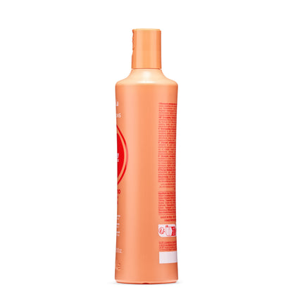 Orange bottle of energizing shampoo with multilingual label, made in Italy for scalp revitalization
