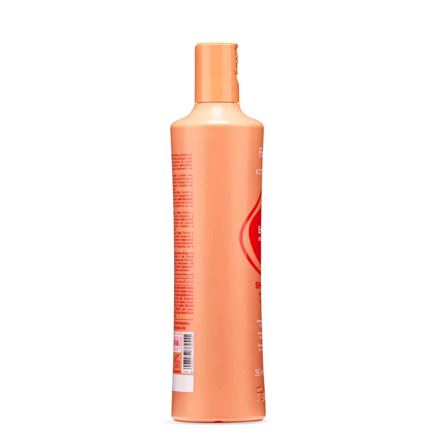 Peach-colored 350ml shampoo bottle with red label, for fine hair care and professional use