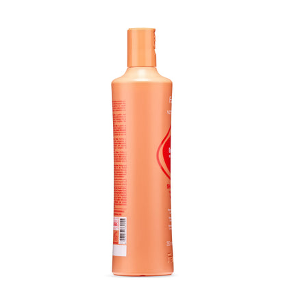 Peach-colored 350ml shampoo bottle with red label, for fine hair care and professional use