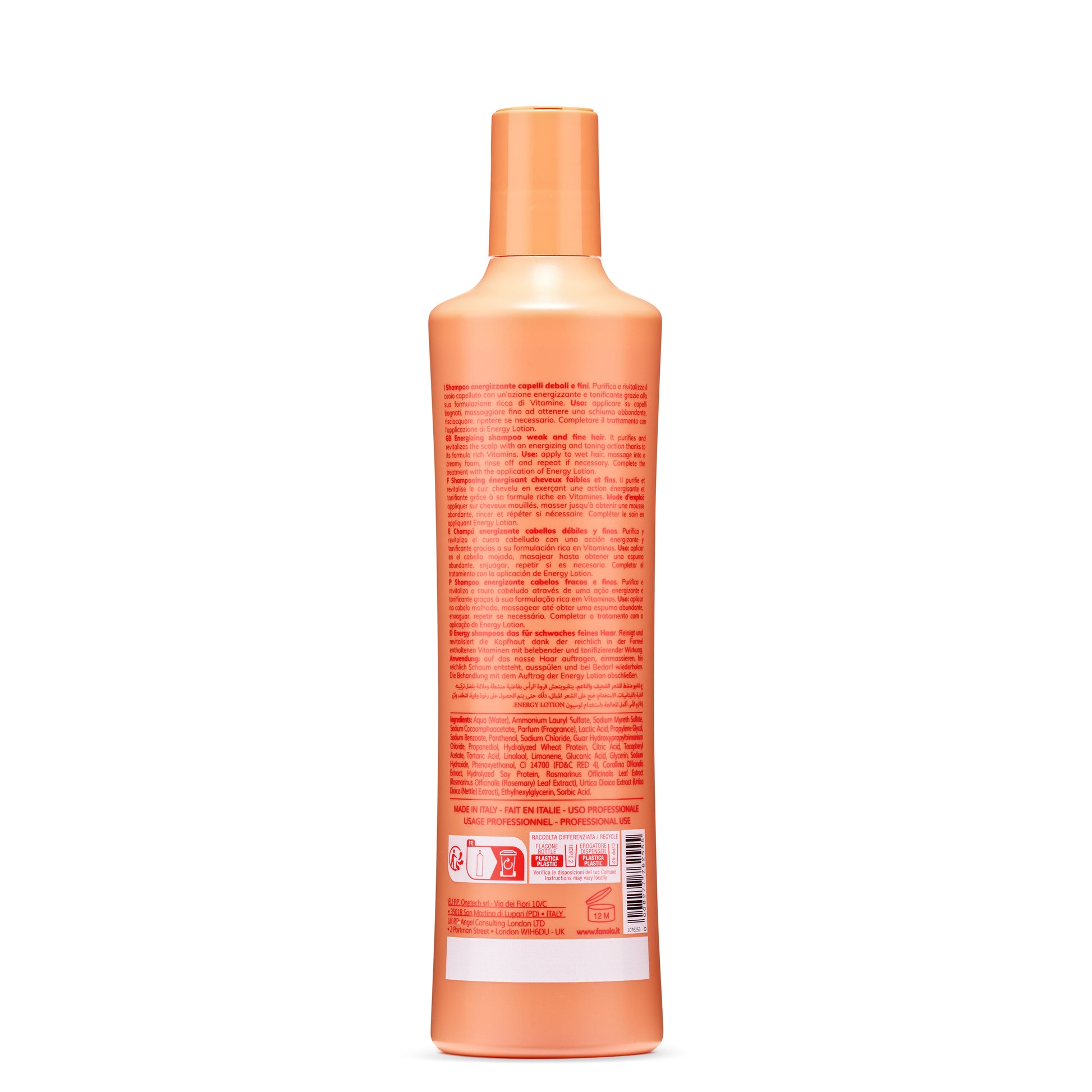 Energizing shampoo for weak and fine hair, vitamin-rich formula, made in Italy, professional use