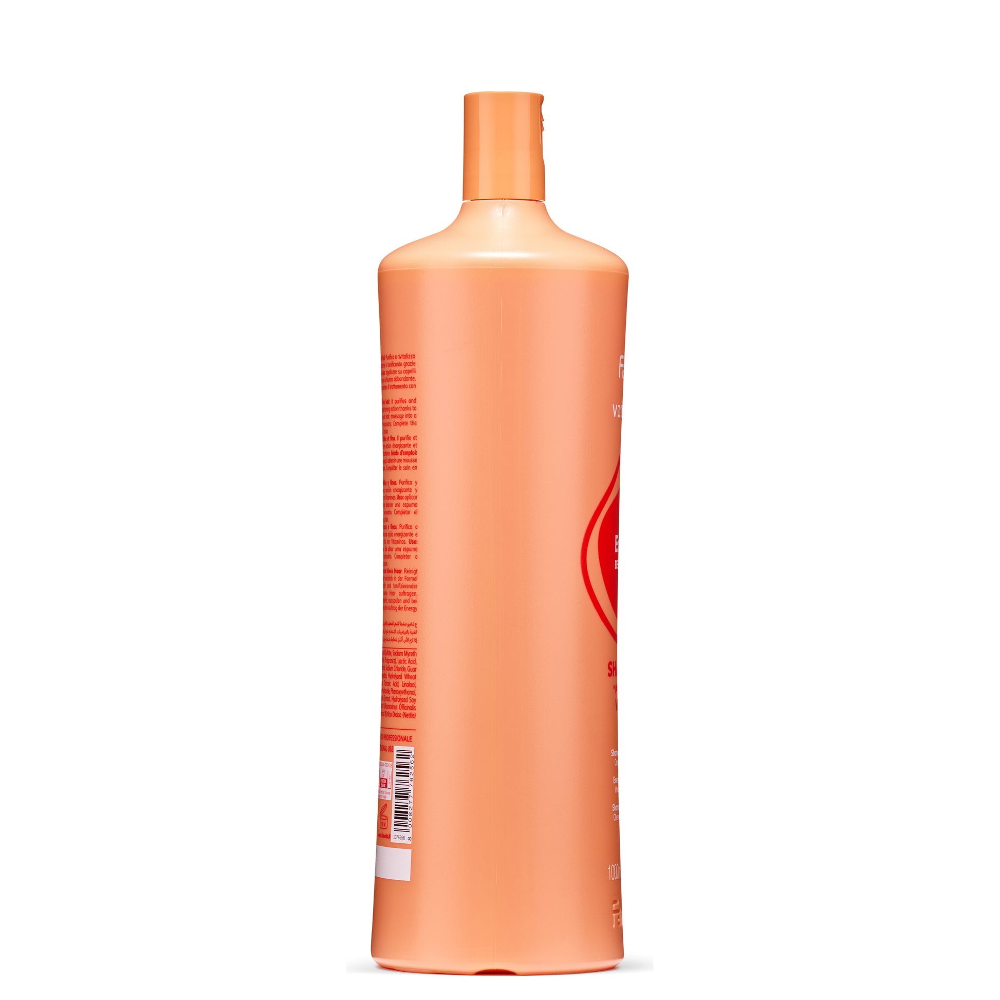 Peach-colored 1000ml shampoo bottle with red label, professional hair care product for fine hair