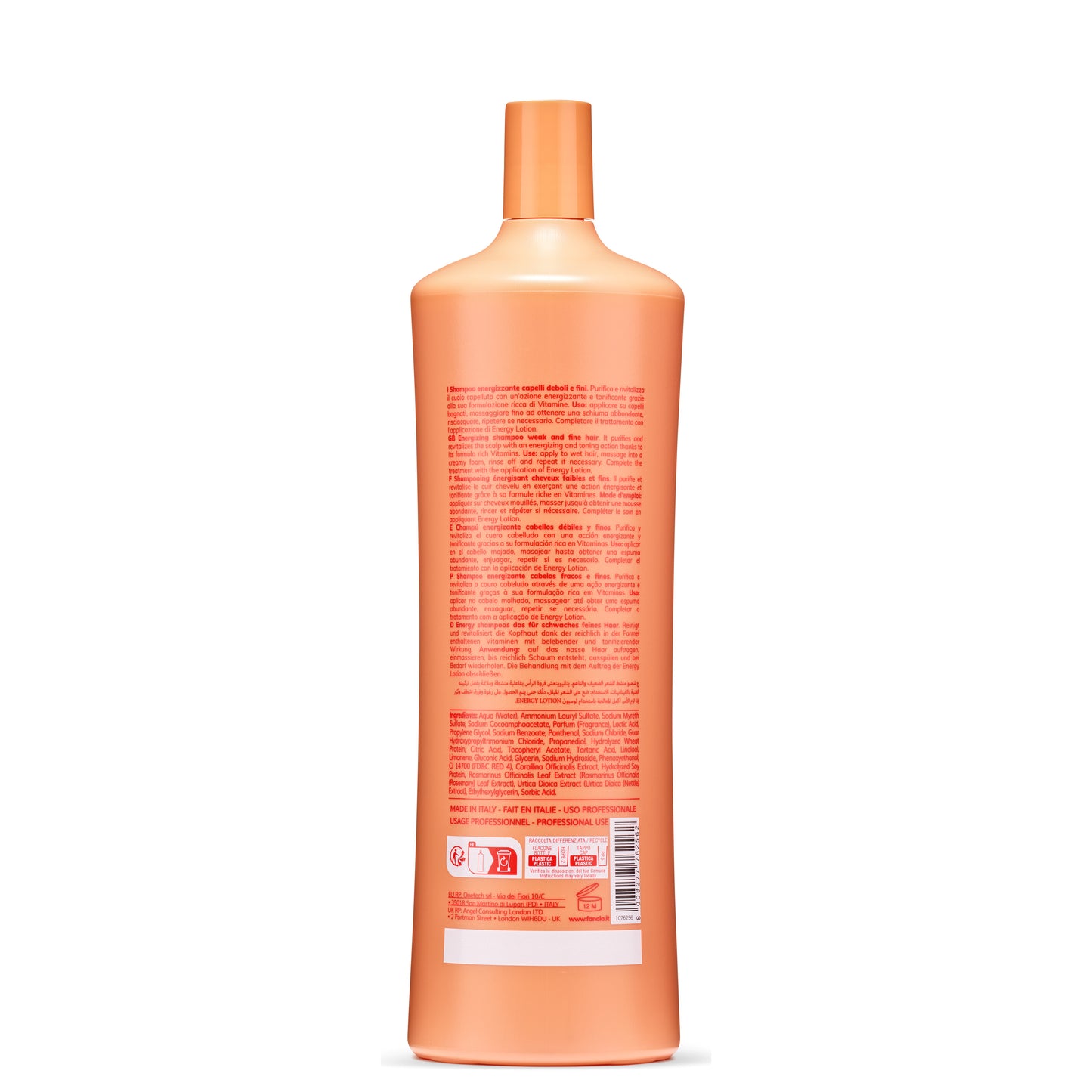 Orange bottle of energizing shampoo for weak and fine hair, made in Italy, with multilingual label and recycling info