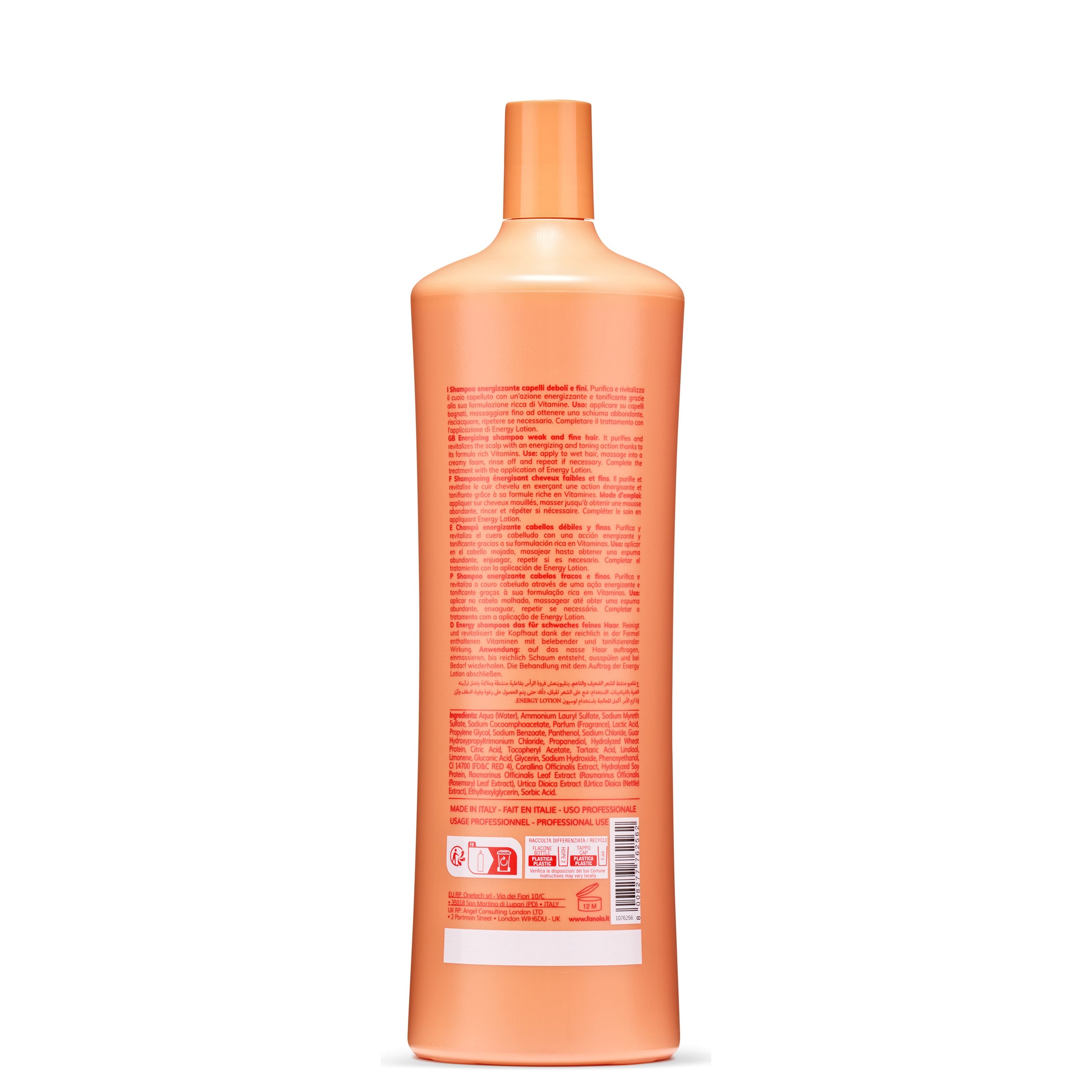 Orange bottle of energizing shampoo for weak and fine hair, made in Italy, with multilingual label and recycling info