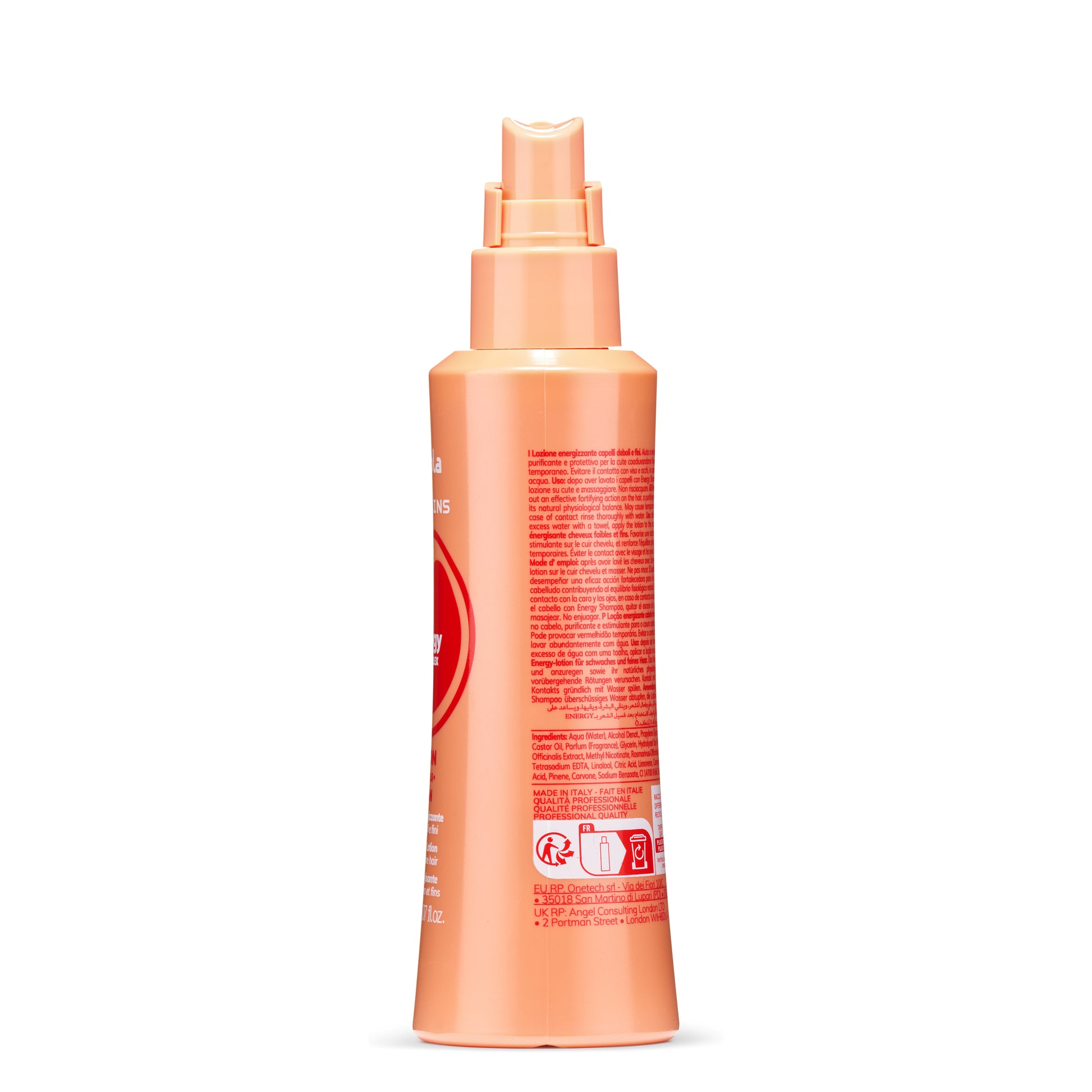 Peach-colored hair lotion bottle with spray nozzle, labeled for weak and fine hair, made in Italy