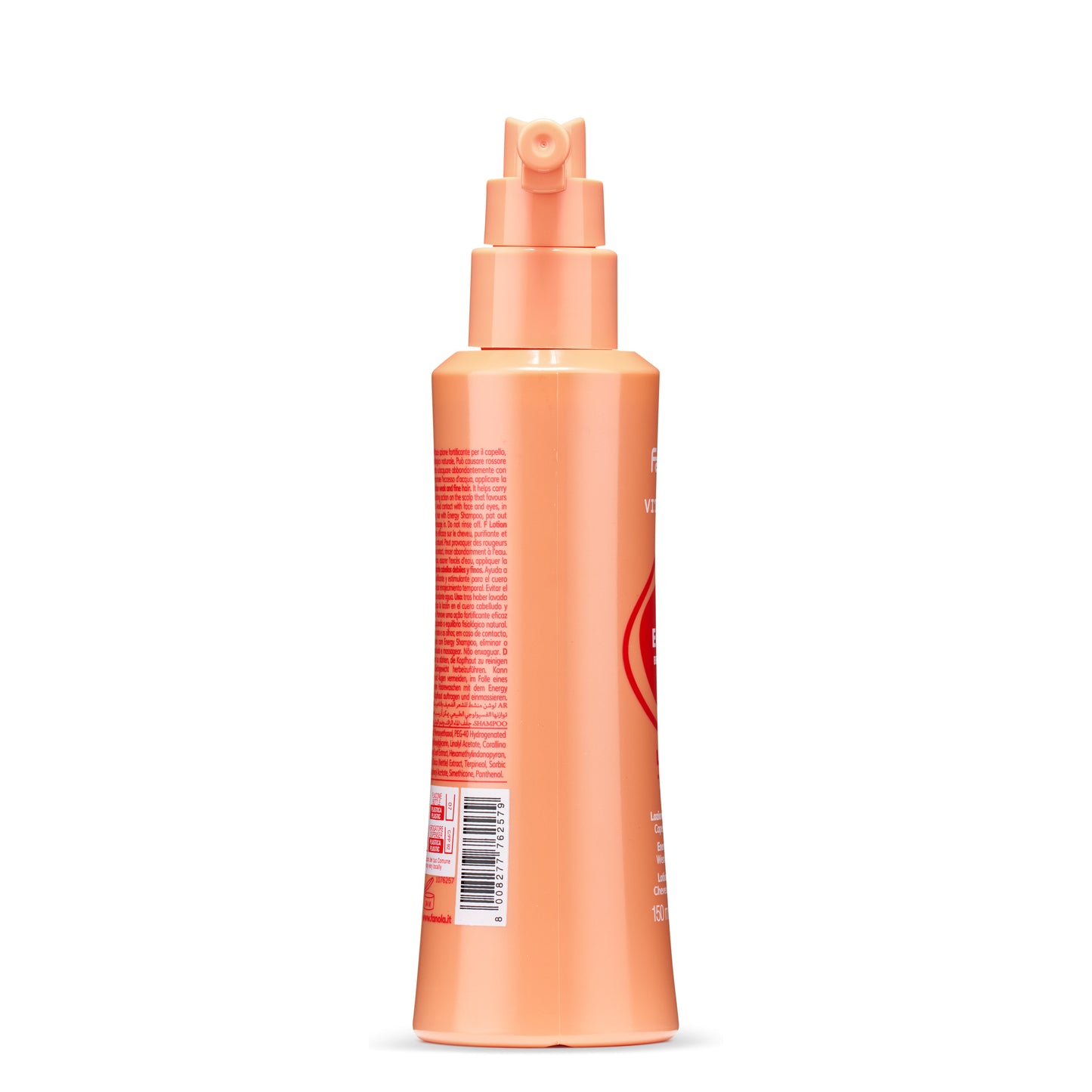 Peach-colored hair care spray bottle with pump dispenser, 150ml, for scalp treatment and fine hair