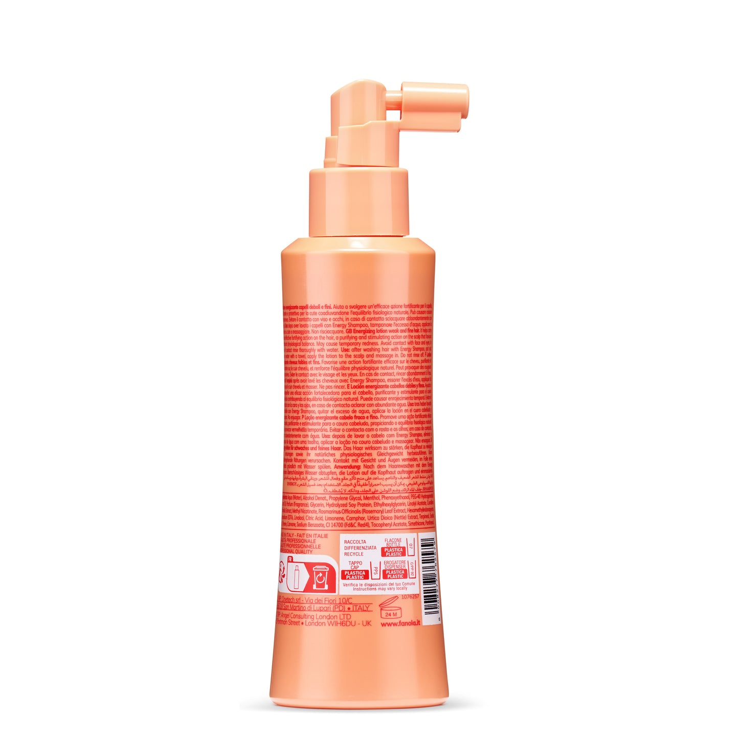 Peach-colored hair lotion bottle with pump dispenser for weak and fine hair, made in Italy