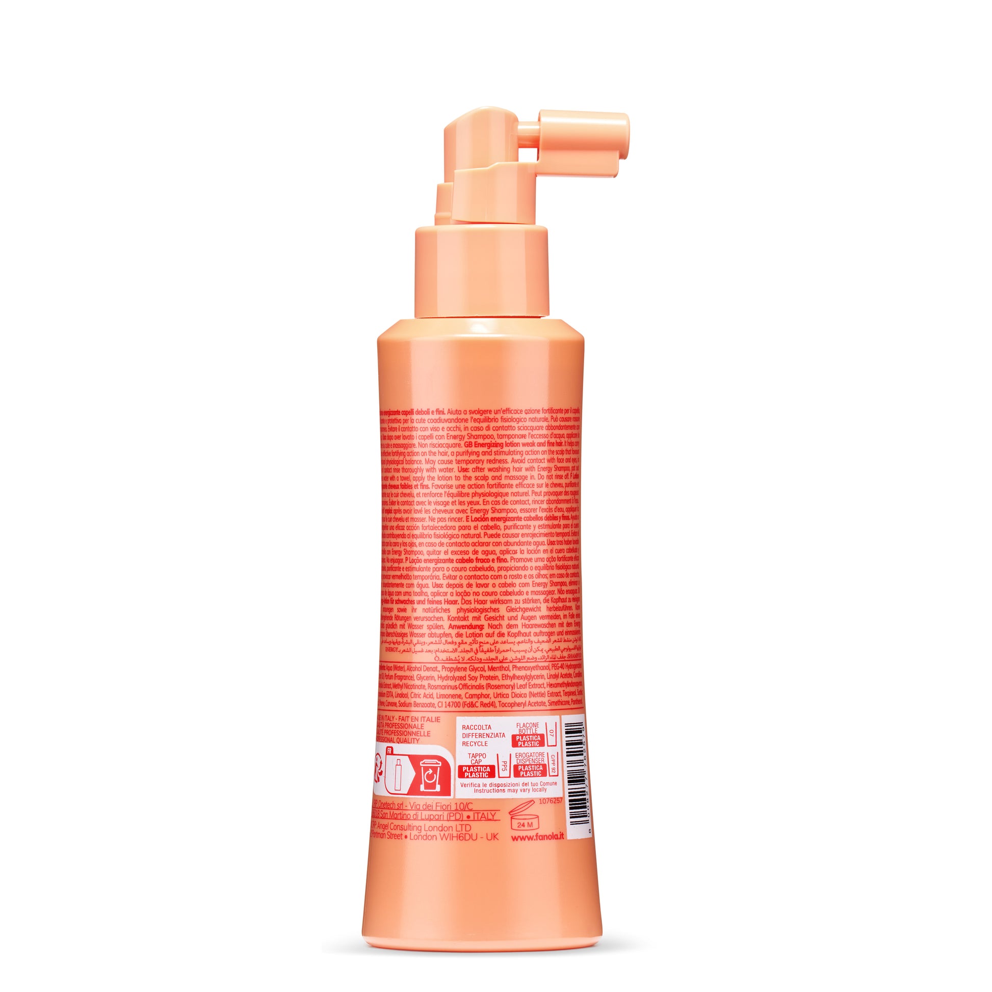 Peach-colored hair lotion bottle with pump dispenser for weak and fine hair, made in Italy