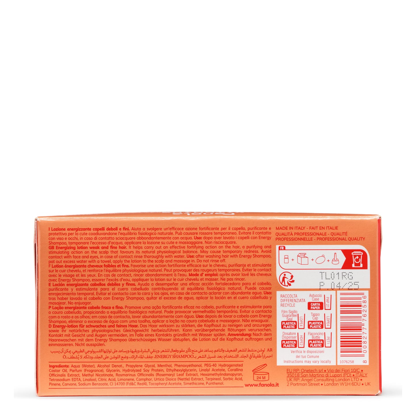 Back of orange box for Fanola Energy Shampoo, showing multilingual instructions, ingredients, and recycling info for weak, fine hair care.
