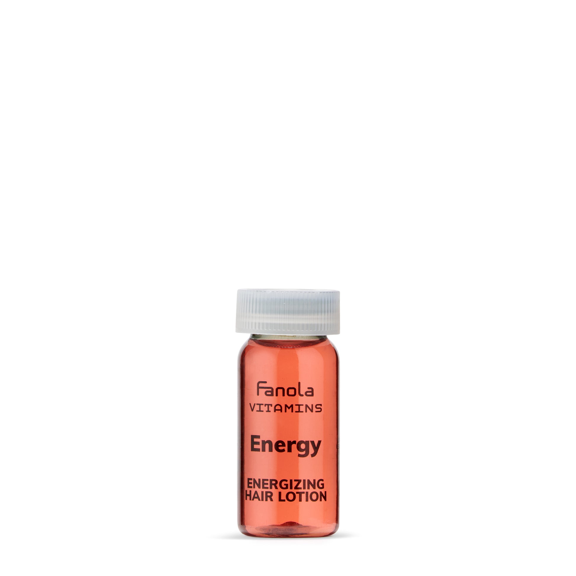 Fanola Energy Energizing Hair Lotion in clear bottle with white cap, vibrant orange liquid for hair care