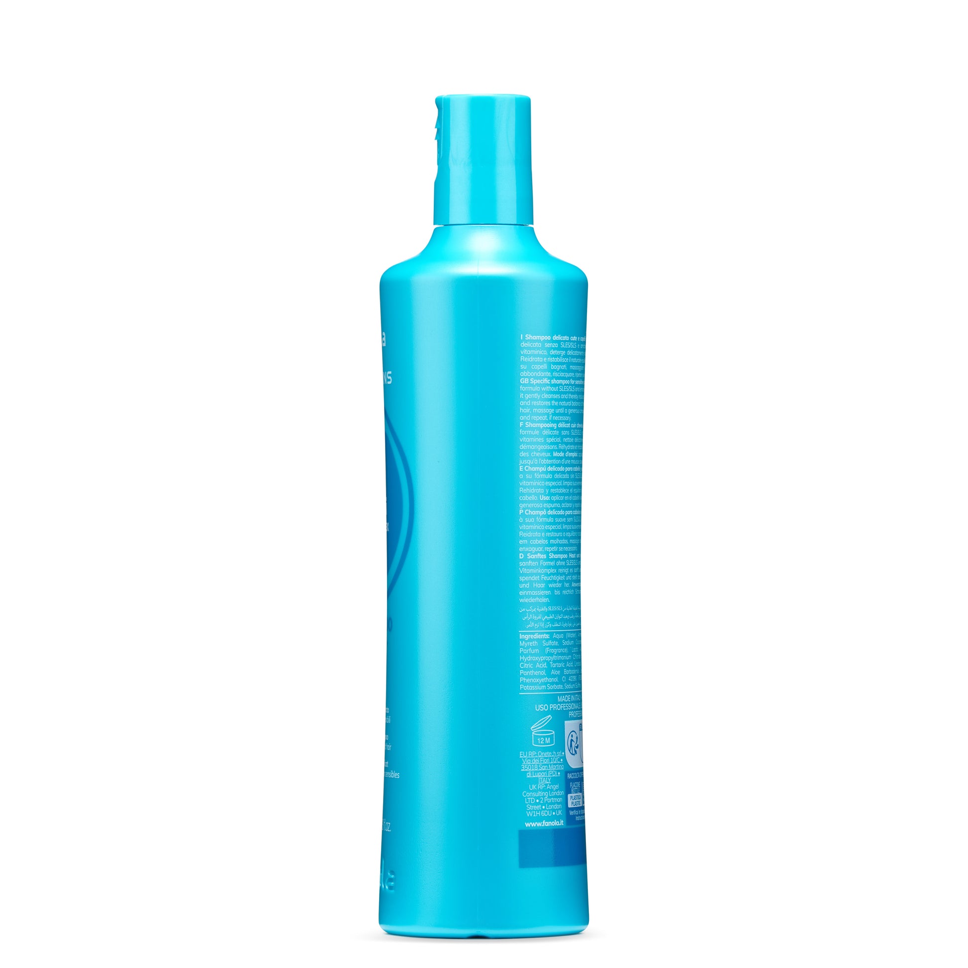 Blue bottle of sulfate-free shampoo for sensitive scalp, made in Italy, with multilingual label and professional use instructions.