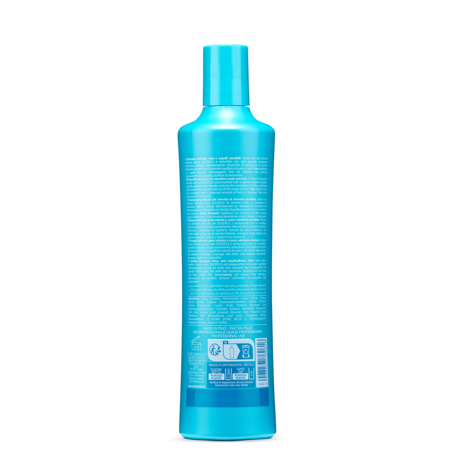 Blue bottle of gentle shampoo for sensitive scalp and hair, sulfate-free formula, made in Italy