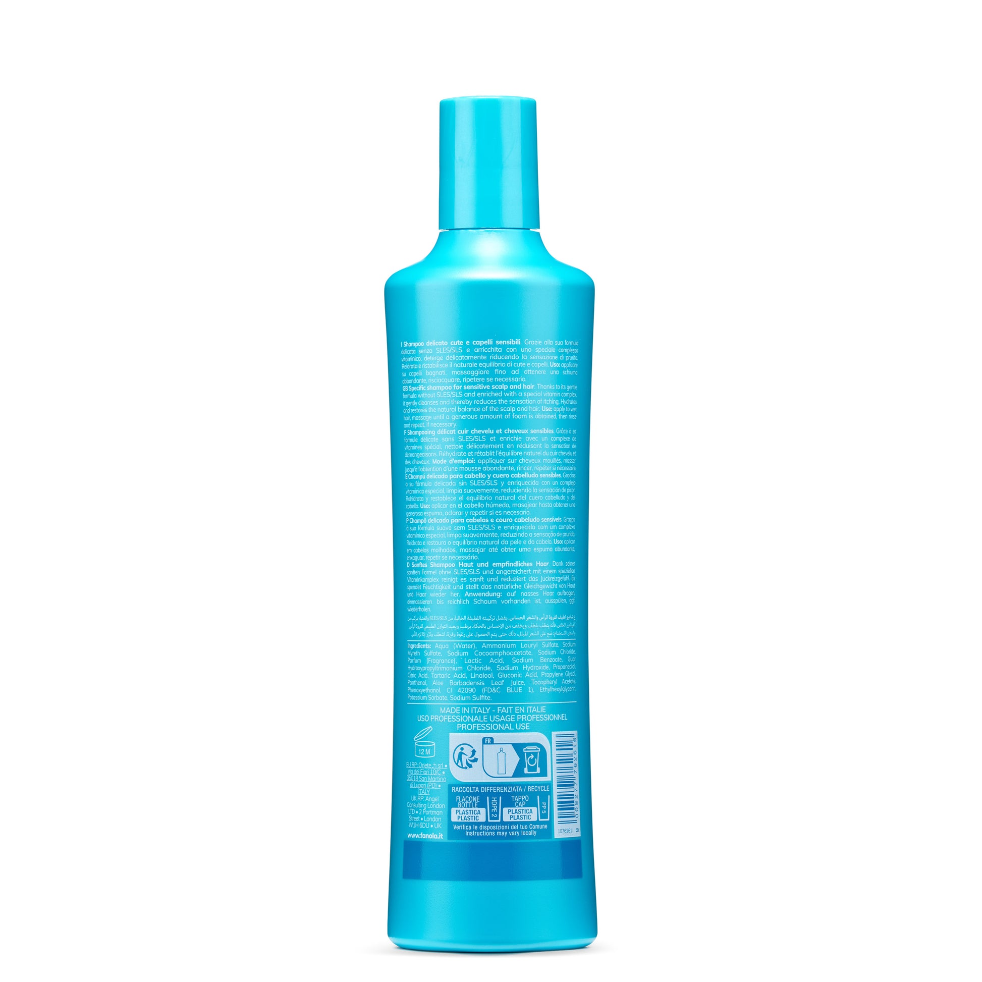 Blue bottle of gentle shampoo for sensitive scalp and hair, sulfate-free formula, made in Italy