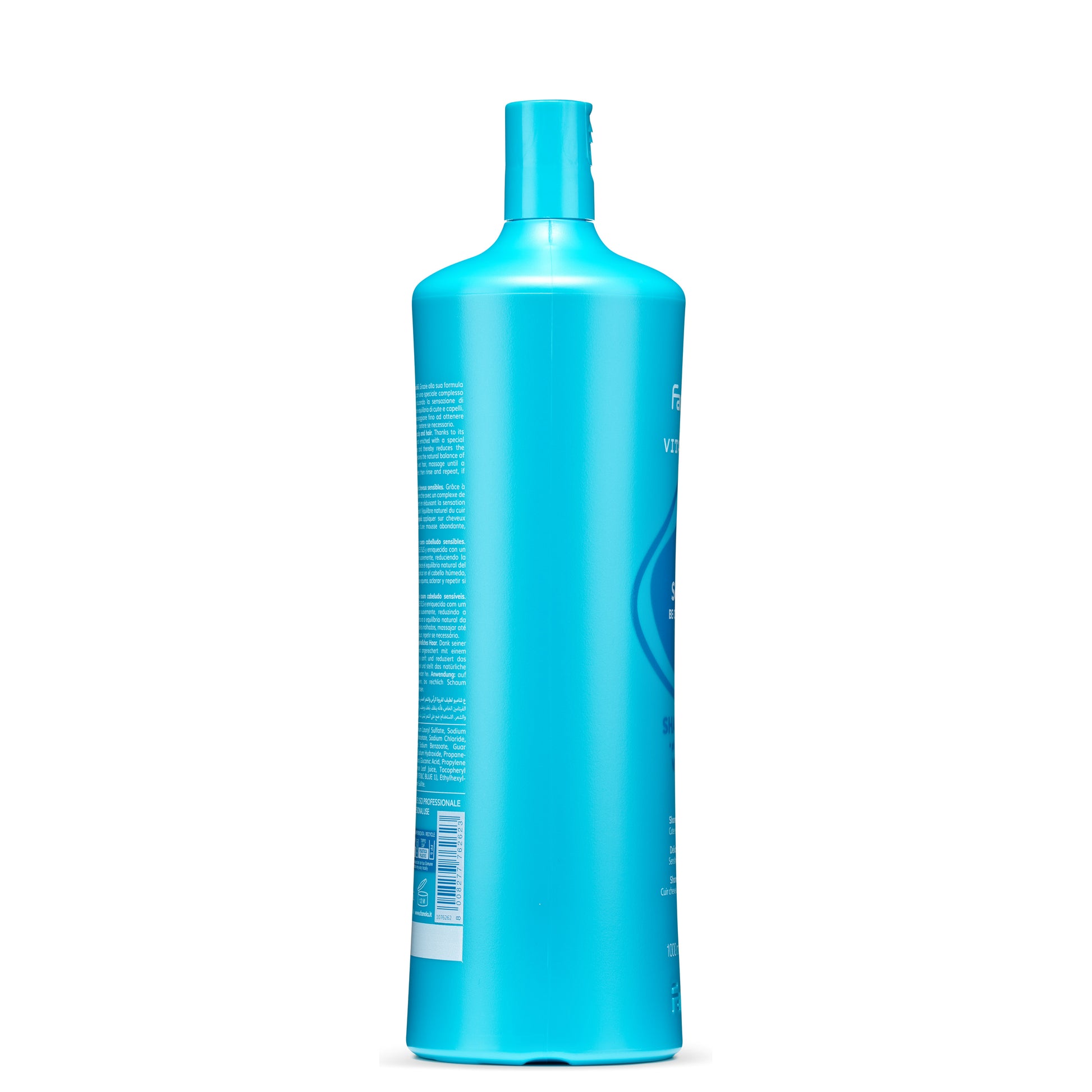Blue bottle of professional hair care shampoo for sensitive scalp and hair