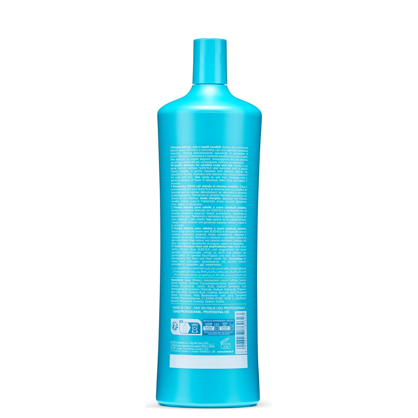 Blue bottle of gentle shampoo for sensitive scalp and hair, sulfate-free formula, made in Italy