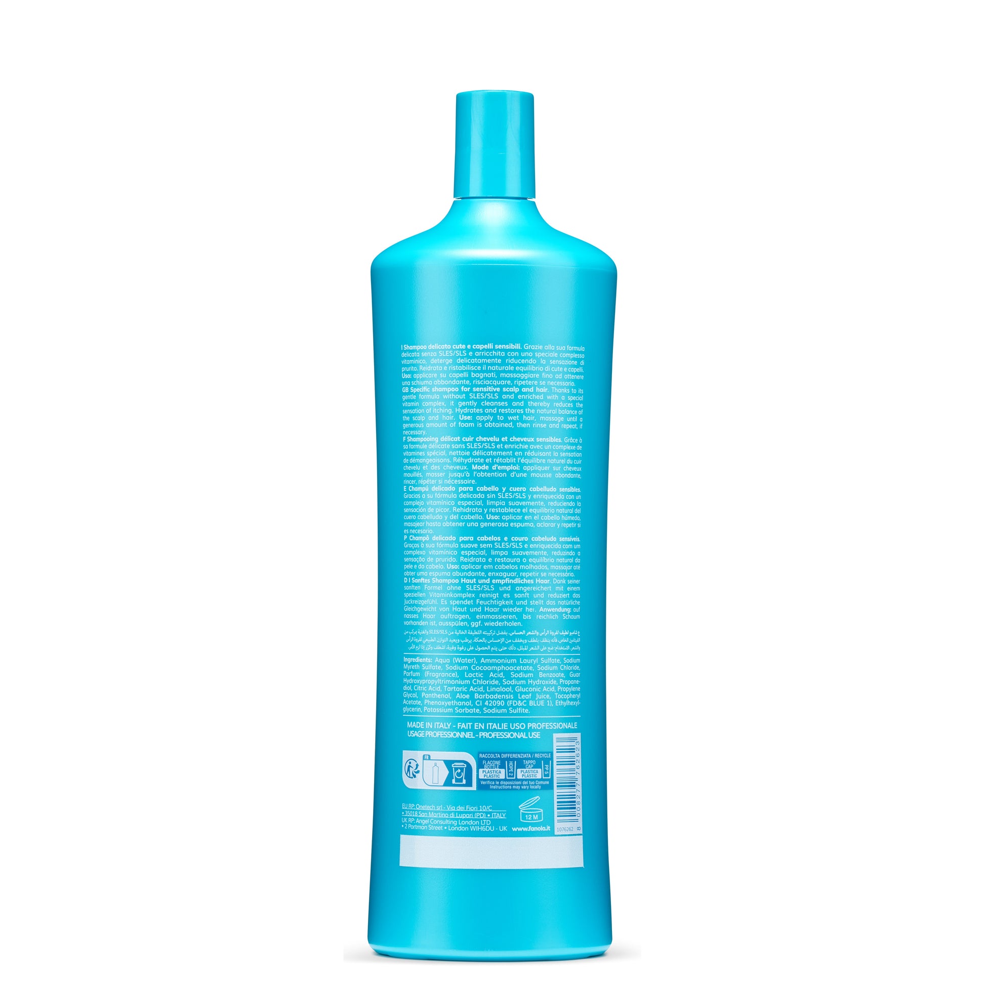 Blue bottle of gentle shampoo for sensitive scalp and hair, sulfate-free formula, made in Italy